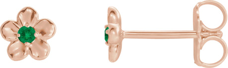 14K Gold Round Emerald Youth Flower Earrings - Rose Gold