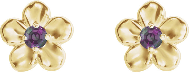 14K Gold Round Alexandrite Youth Flower Earrings - Yellow Gold - view 2