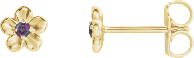 14K Gold Round Alexandrite Youth Flower Earrings - Yellow Gold