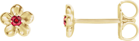 14K Gold Round Ruby Youth Flower Earrings - Yellow Gold