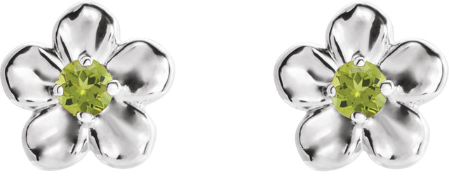 14K Gold Round Peridot Youth Flower Earrings - White Gold - view 2