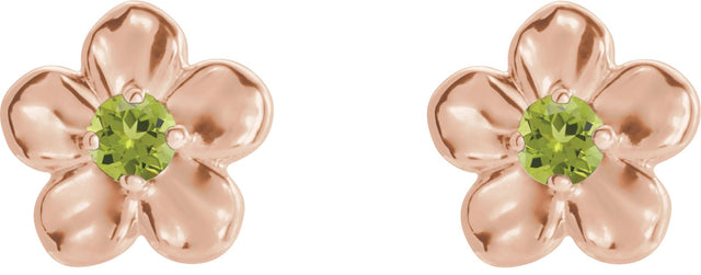 14K Gold Round Peridot Youth Flower Earrings - Rose Gold - view 2
