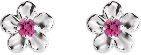 Platinum Round Pink Tourmaline Youth Flower Earrings - view 2