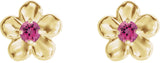 14K Gold Round Pink Tourmaline Youth Flower Earrings - Yellow Gold - view 2