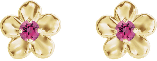 14K Gold Round Pink Tourmaline Youth Flower Earrings - Yellow Gold - view 2