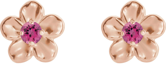 14K Gold Round Pink Tourmaline Youth Flower Earrings - Rose Gold - view 2