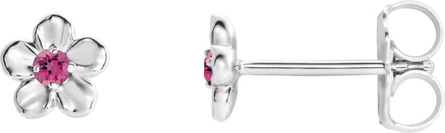14K Gold Round Pink Tourmaline Youth Flower Earrings - White Gold