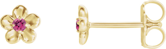 14K Gold Round Pink Tourmaline Youth Flower Earrings - Yellow Gold