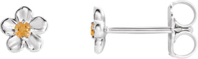 14K Gold Round Citrine Youth Flower Earrings - White Gold
