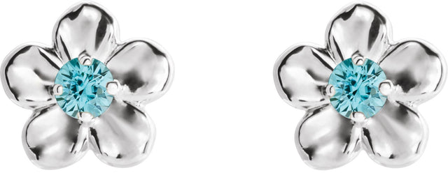 14K Gold Round Blue Zircon Youth Flower Earrings - White Gold - view 2