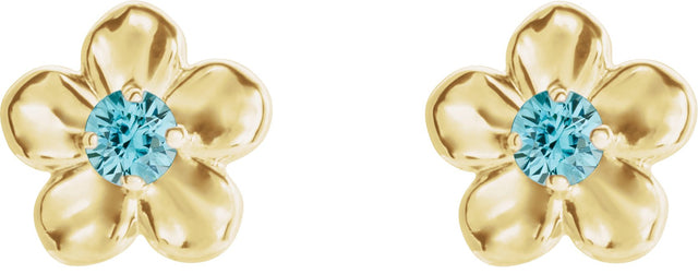 14K Gold Round Blue Zircon Youth Flower Earrings - Yellow Gold - view 2