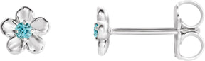 14K Gold Round Blue Zircon Youth Flower Earrings - White Gold