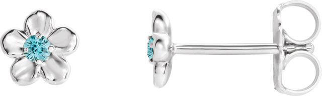 14K Gold Round Blue Zircon Youth Flower Earrings - White Gold