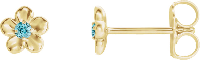 14K Gold Round Blue Zircon Youth Flower Earrings - Yellow Gold