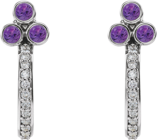 Platinum Round Natural Amethyst Accented Bezel-Set J-Hoop Earrings - view 5