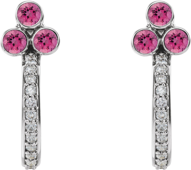 Platinum Round Natural Pink Tourmaline Accented Bezel-Set J-Hoop Earrings - view 5