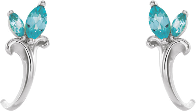 14K Gold Marquise Natural Blue Zircon Floral J-Hoop Earrings - White Gold - view 2