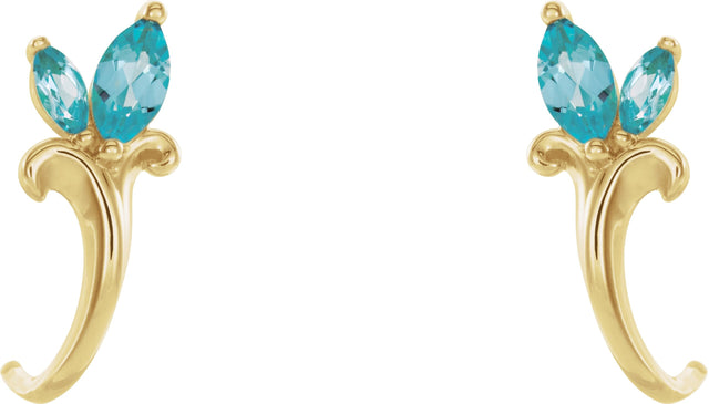 14K Gold Marquise Natural Blue Zircon Floral J-Hoop Earrings - Yellow Gold - view 2