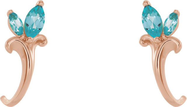14K Gold Marquise Natural Blue Zircon Floral J-Hoop Earrings - Rose Gold - view 2