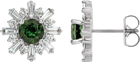 Platinum Round Natural Green Tourmaline & Natural Diamond Halo-Style Star Earrings – 5mm Stones