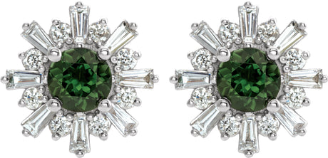 Platinum Round Natural Green Tourmaline & Natural Diamond Halo-Style Star Earrings – 5mm Stones - view 2