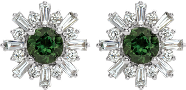 Platinum Round Natural Green Tourmaline & Natural Diamond Halo-Style Star Earrings – 5mm Stones - view 2