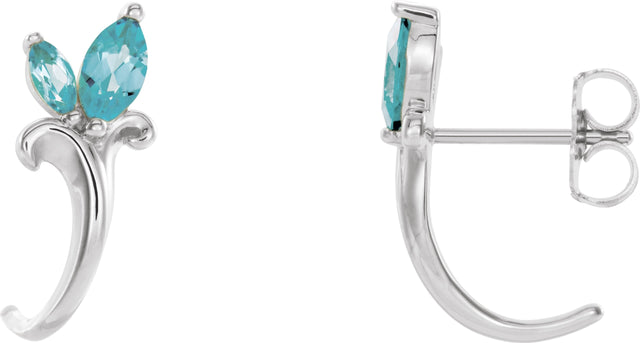 14K Gold Marquise Natural Blue Zircon Floral J-Hoop Earrings - White Gold