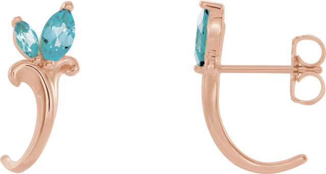 14K Gold Marquise Natural Blue Zircon Floral J-Hoop Earrings - Rose Gold