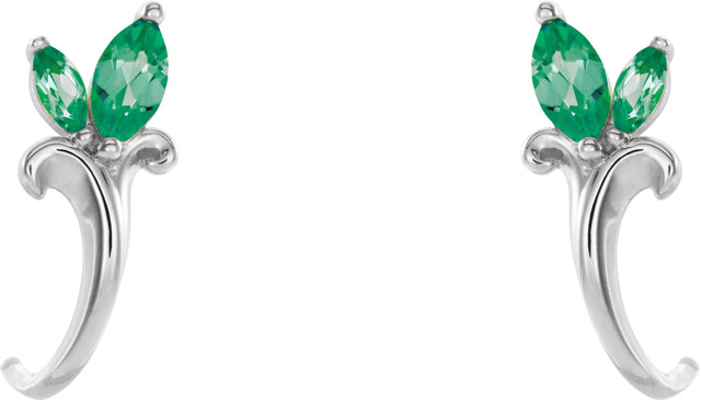 14K Gold Marquise Lab-Grown Emerald Floral J-Hoop Earrings - White Gold - view 2