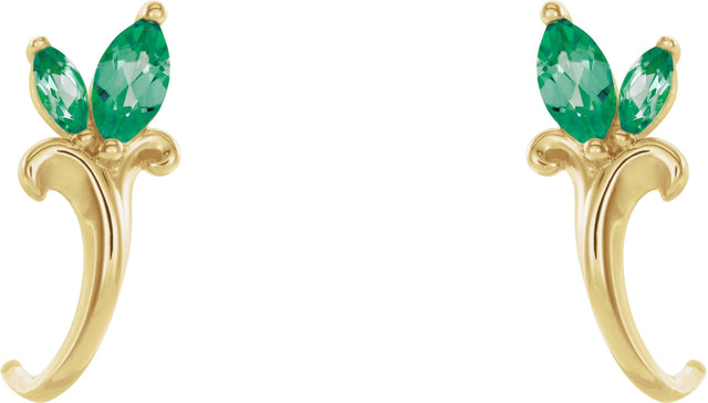 14K Gold Marquise Lab-Grown Emerald Floral J-Hoop Earrings - Yellow Gold - view 2