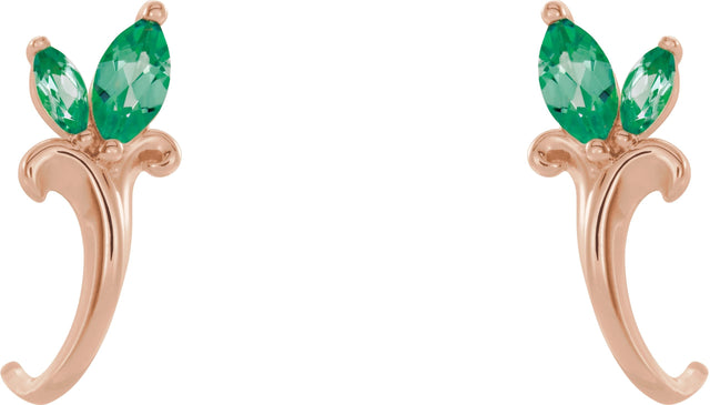 14K Gold Marquise Lab-Grown Emerald Floral J-Hoop Earrings - Rose Gold - view 2