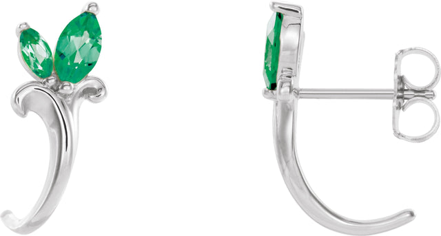 14K Gold Marquise Lab-Grown Emerald Floral J-Hoop Earrings - White Gold