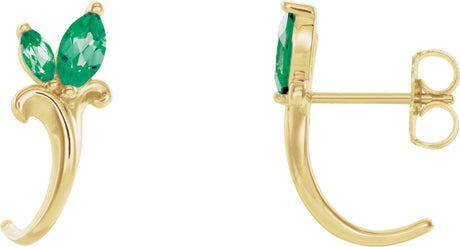 14K Gold Marquise Lab-Grown Emerald Floral J-Hoop Earrings - Yellow Gold