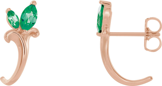 14K Gold Marquise Lab-Grown Emerald Floral J-Hoop Earrings - Rose Gold