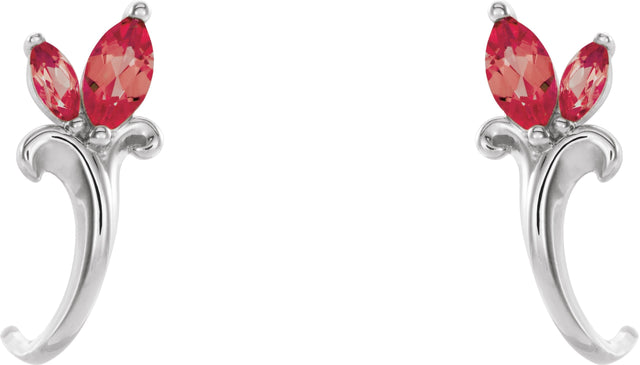 14K Gold Marquise Natural Ruby Floral J-Hoop Earrings - White Gold - view 2