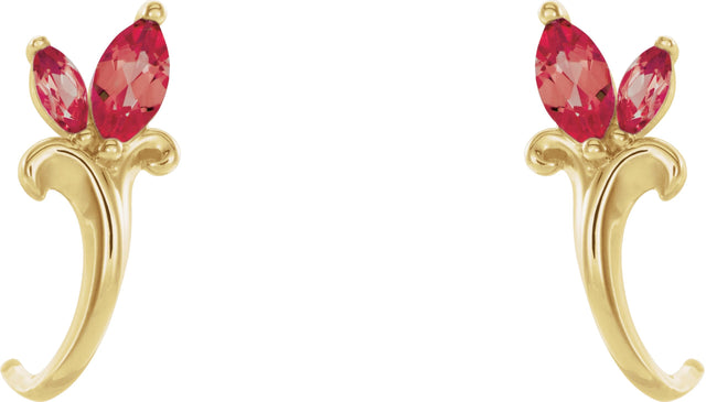 14K Gold Marquise Lab-Grown Ruby Floral J-Hoop Earrings - Yellow Gold - view 2