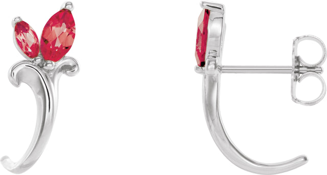 14K Gold Marquise Lab-Grown Ruby Floral J-Hoop Earrings - White Gold