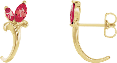 14K Gold Marquise Natural Ruby Floral J-Hoop Earrings - Yellow Gold