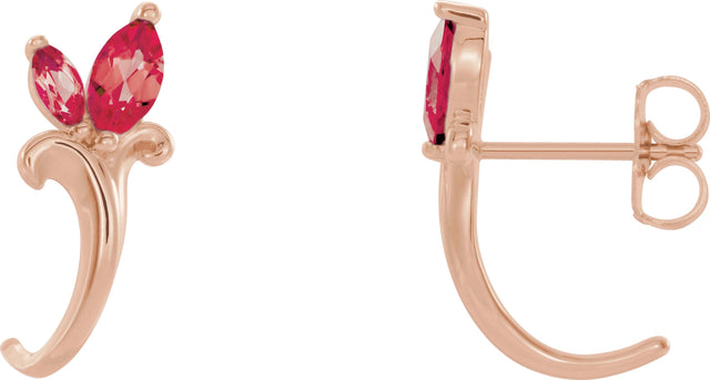 14K Gold Marquise Lab-Grown Ruby Floral J-Hoop Earrings - Rose Gold