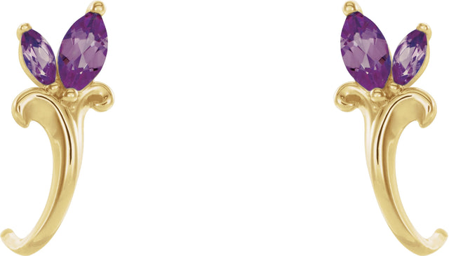 14K Gold Marquise Lab-Grown Alexandrite Floral J-Hoop Earrings - Yellow Gold - view 2