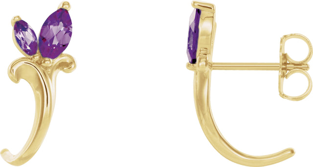 14K Gold Marquise Lab-Grown Alexandrite Floral J-Hoop Earrings - Yellow Gold