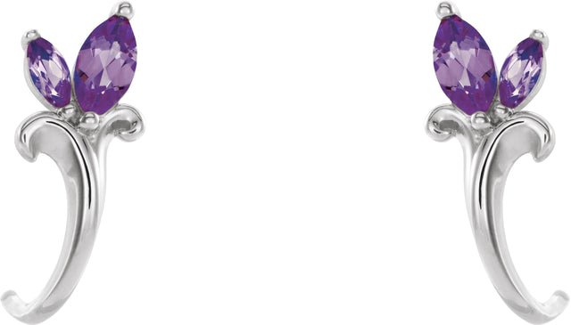 14K Gold Marquise Natural Amethyst Floral J-Hoop Earrings - White Gold - view 2