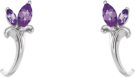 Platinum Marquise Natural Amethyst Floral J-Hoop Earrings - view 2