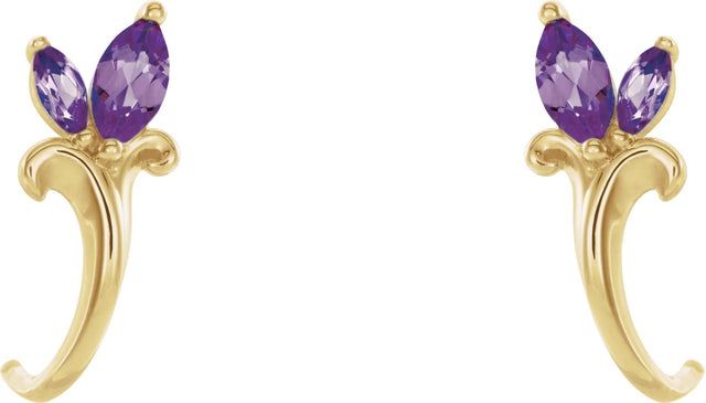 14K Gold Marquise Natural Amethyst Floral J-Hoop Earrings - Yellow Gold - view 2
