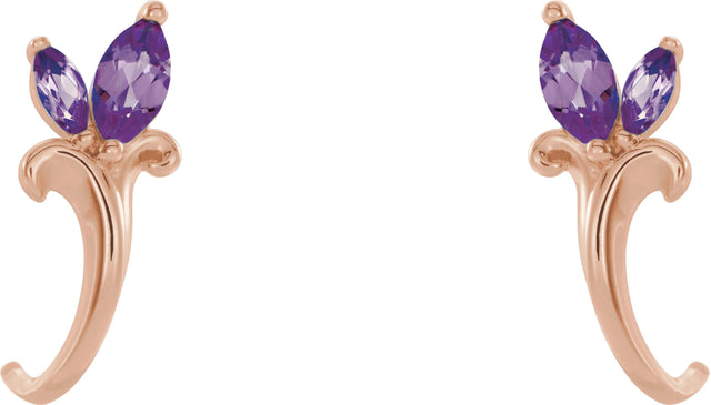 14K Gold Marquise Natural Amethyst Floral J-Hoop Earrings - Rose Gold - view 2