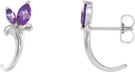 14K Gold Marquise Natural Amethyst Floral J-Hoop Earrings - White Gold
