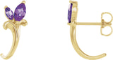 14K Gold Marquise Natural Amethyst Floral J-Hoop Earrings - Yellow Gold