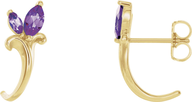 14K Gold Marquise Natural Amethyst Floral J-Hoop Earrings - Yellow Gold