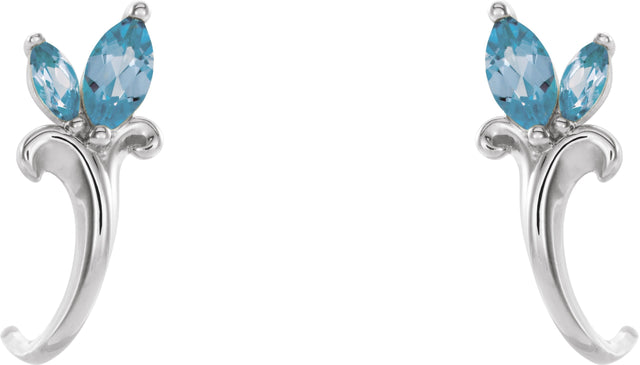 14K Gold Marquise Natural Aquamarine Floral J-Hoop Earrings - White Gold - view 2