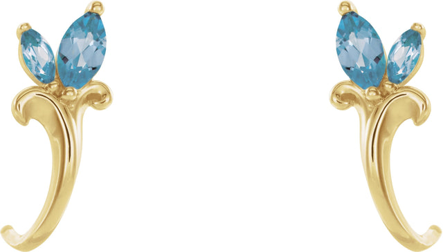 14K Gold Marquise Natural Aquamarine Floral J-Hoop Earrings - Yellow Gold - view 2